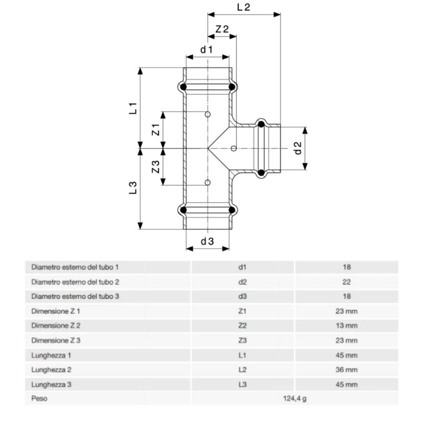Immagine di Viega PROFIPRESS raccordo a T Ø 18 x 22 rame lucido con sc-contur rame (acqua) 322694