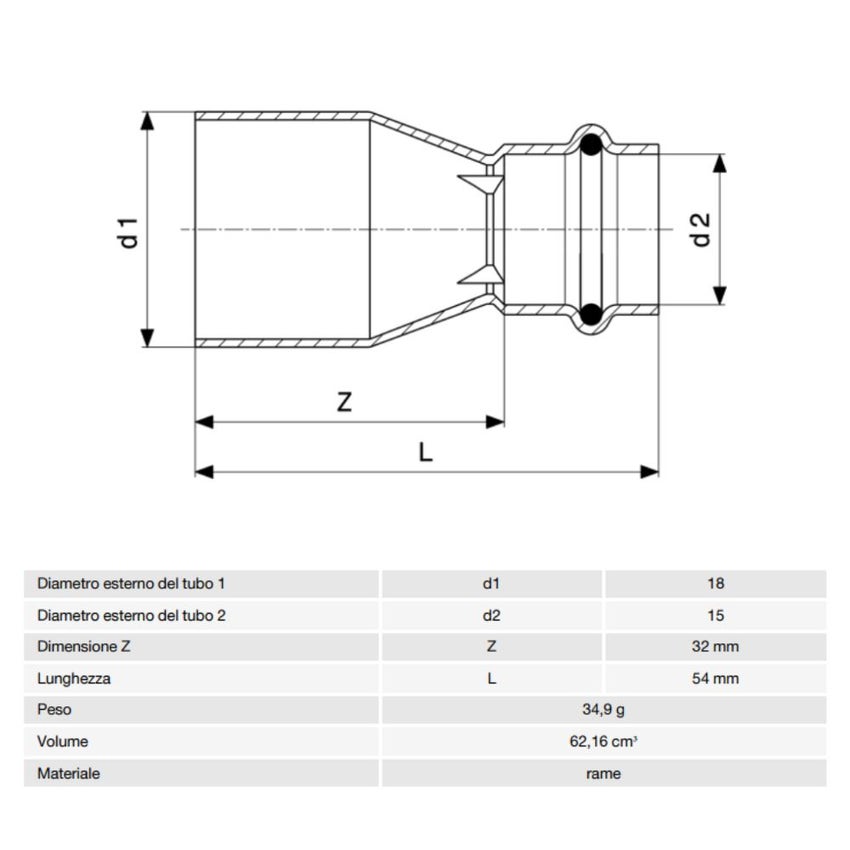 Immagine di Viega PROFIPRESS raccordo di riduzione Ø 18 x 15 rame lucido con sc-contur (acqua) 296407