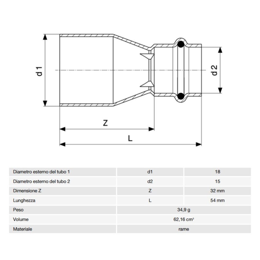 Immagine di Viega PROFIPRESS raccordo di riduzione Ø 22 x 15 rame lucido con sc-contur (acqua) 296377