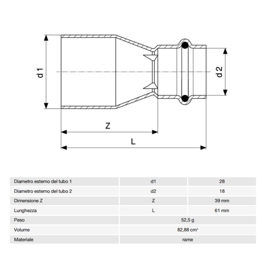 Immagine di Viega PROFIPRESS raccordo di riduzione Ø 28 x 18 rame lucido con sc-contur (acqua) 296384