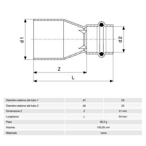 Immagine di Viega PROFIPRESS raccordo di riduzione Ø 28 x 22 rame lucido con sc-contur (acqua) 296506