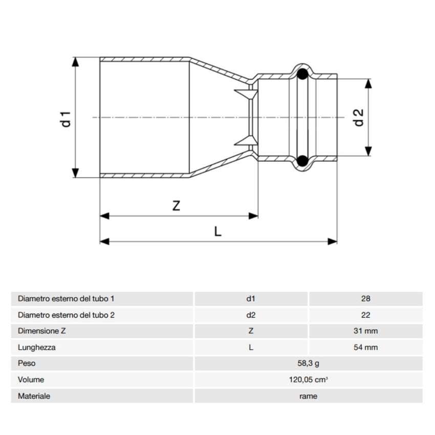 Immagine di Viega PROFIPRESS raccordo di riduzione Ø 28 x 22 rame lucido con sc-contur (acqua) 296506