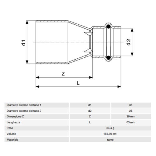 Immagine di Viega PROFIPRESS raccordo di riduzione Ø 35 x 28 rame lucido con sc-contur (acqua) 296490