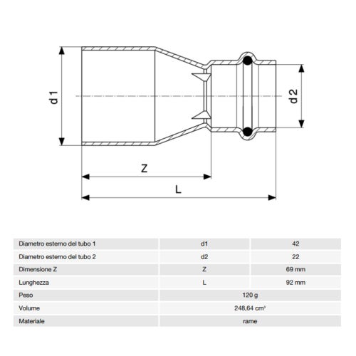 Immagine di Viega PROFIPRESS raccordo di riduzione Ø 42 x 22 rame lucido con sc-contur (acqua) 296445