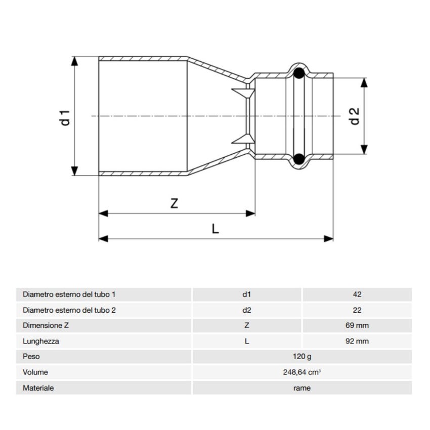 Immagine di Viega PROFIPRESS raccordo di riduzione Ø 42 x 22 rame lucido con sc-contur (acqua) 296445