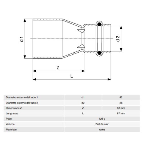 Immagine di Viega PROFIPRESS raccordo di riduzione Ø 42 x 28 rame lucido con sc-contur (acqua) 296483