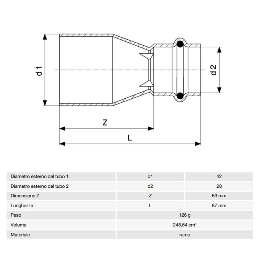 Immagine di Viega PROFIPRESS raccordo di riduzione Ø 42 x 28 rame lucido con sc-contur (acqua) 296483