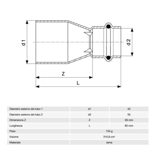 Immagine di Viega PROFIPRESS raccordo di riduzione Ø 42 x 35 rame lucido con sc-contur (acqua) 296476