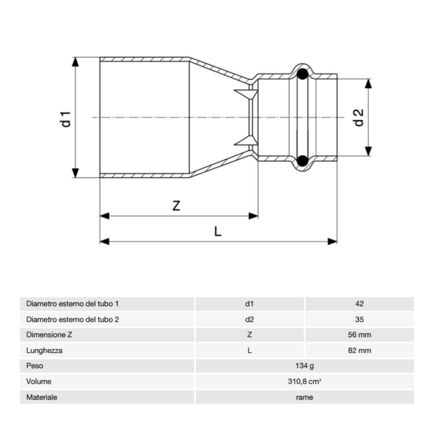 Immagine di Viega PROFIPRESS raccordo di riduzione Ø 42 x 35 rame lucido con sc-contur (acqua) 296476