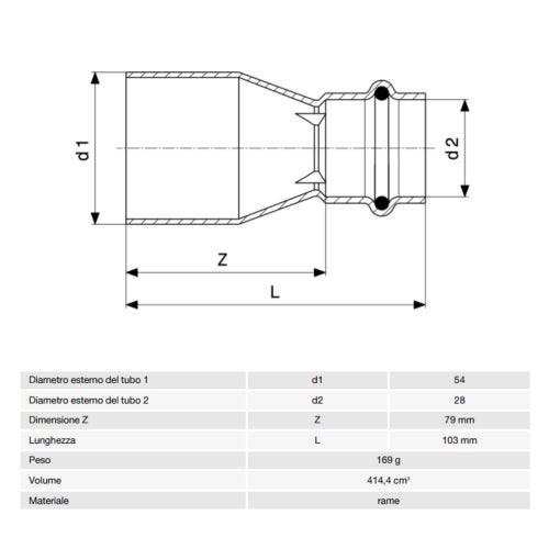 Immagine di Viega PROFIPRESS raccordo di riduzione Ø 54 x 28 rame lucido con sc-contur (acqua) 366476