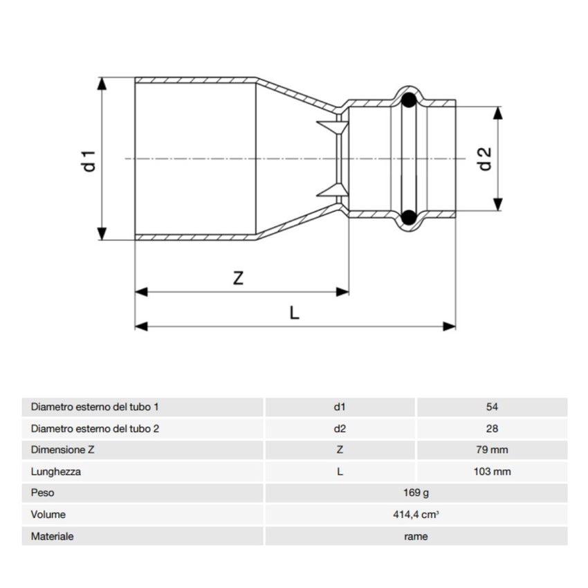 Immagine di Viega PROFIPRESS raccordo di riduzione Ø 54 x 28 rame lucido con sc-contur (acqua) 366476