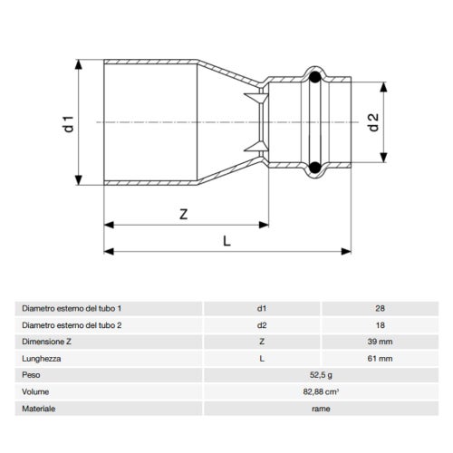 Immagine di Viega PROFIPRESS raccordo di riduzione Ø 54 x 35 rame lucido con sc-contur (acqua) 296438