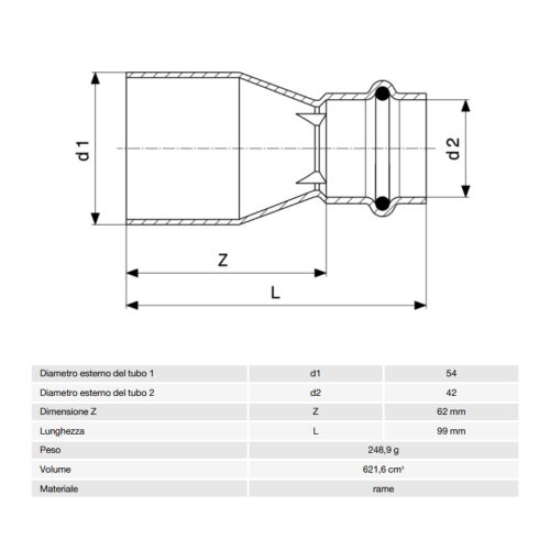 Immagine di Viega PROFIPRESS raccordo di riduzione Ø 54 x 42 rame lucido con sc-contur (acqua) 296421