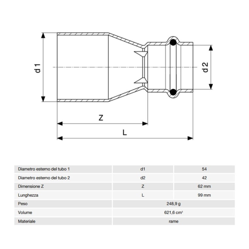 Immagine di Viega PROFIPRESS raccordo di riduzione Ø 54 x 42 rame lucido con sc-contur (acqua) 296421