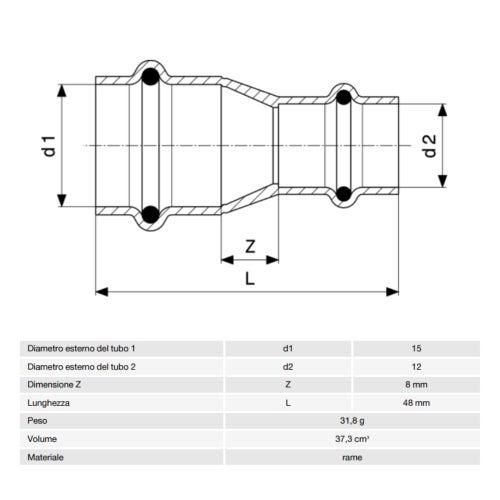 Immagine di Viega PROFIPRESS manicotto di riduzione Ø 15 x 12 rame lucido con sc-contur (acqua) 325770