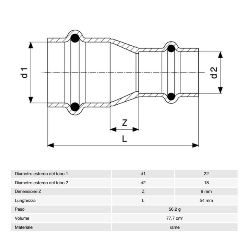 Immagine di Viega PROFIPRESS manicotto di riduzione Ø 22 x 18 rame lucido con sc-contur (acqua) 325800