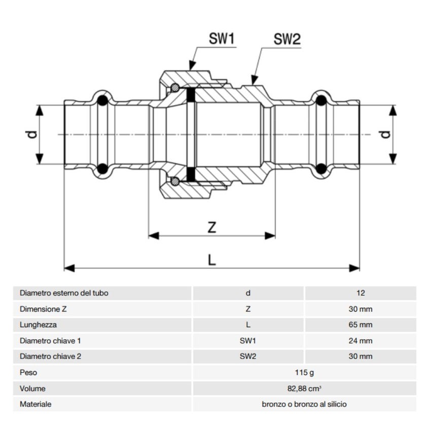 Immagine di Viega SANPRESS bocchettone Ø 12 bronzo lucido con sc-contur (acqua) 293017