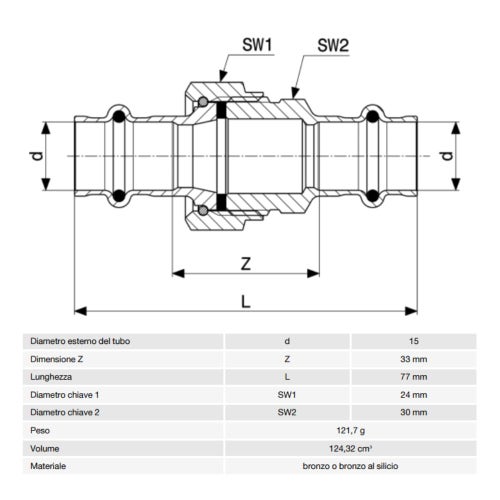 Immagine di Viega SANPRESS bocchettone Ø 15 bronzo lucido con sc-contur (acqua) 126148