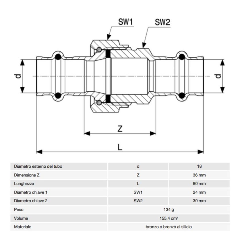 Immagine di Viega SANPRESS bocchettone Ø 18 bronzo lucido con sc-contur (acqua) 287436	