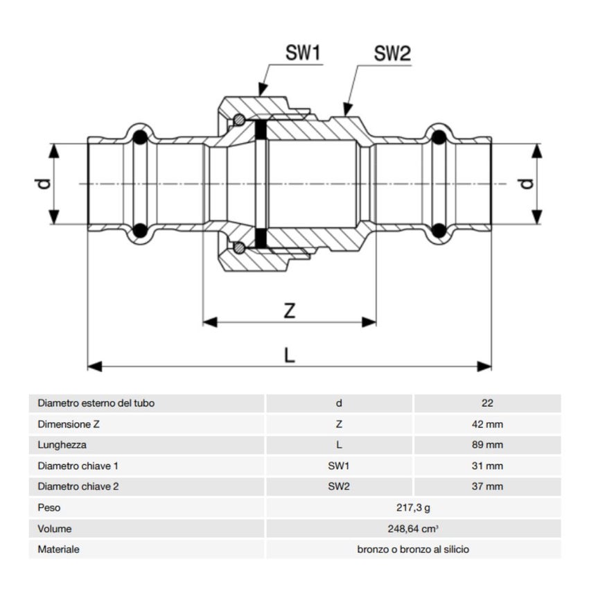 Immagine di Viega SANPRESS bocchettone Ø 22 bronzo lucido con sc-contur (acqua) 126124
