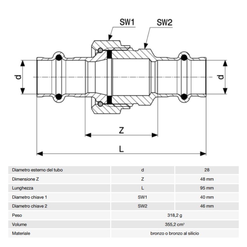 Immagine di Viega SANPRESS bocchettone Ø 28 bronzo lucido con sc-contur (acqua) 124311