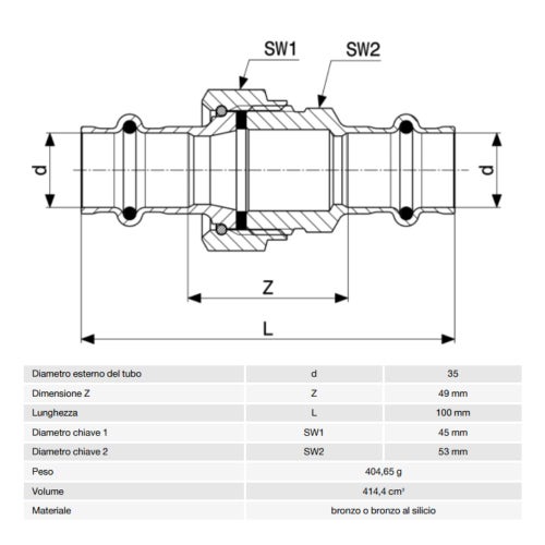 Immagine di Viega SANPRESS bocchettone Ø 35 bronzo lucido con sc-contur (acqua) 130 ì947
