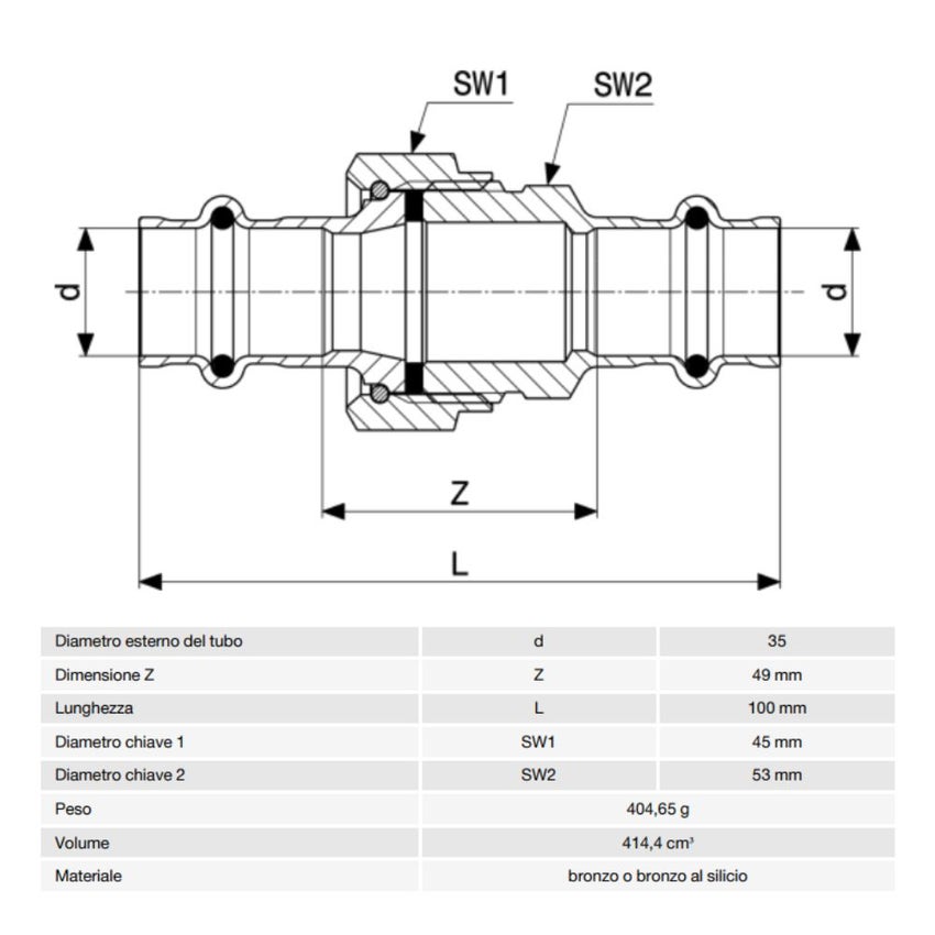 Immagine di Viega SANPRESS bocchettone Ø 35 bronzo lucido con sc-contur (acqua) 130 ì947