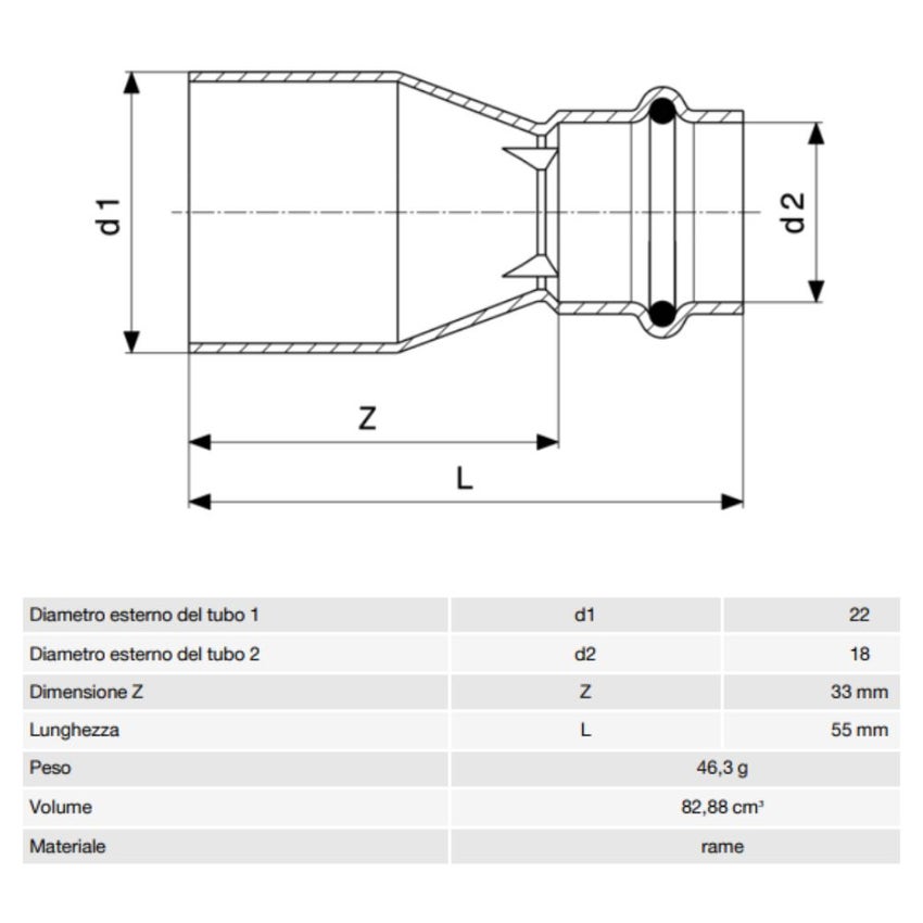 Immagine di Viega PROFIPRESS G manicotto di riduzione di Ø 22 x 18, in rame lucido con sc-contur (gas) 346577