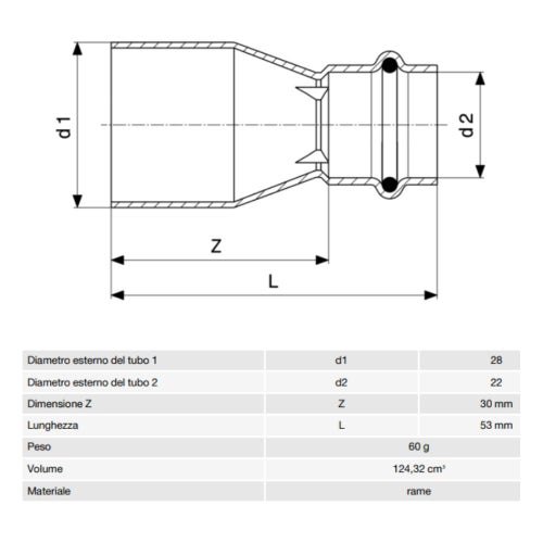 Immagine di Viega PROFIPRESS G manicotto di riduzione di Ø 28 x 22, in rame lucido con sc-contur (gas) 346607