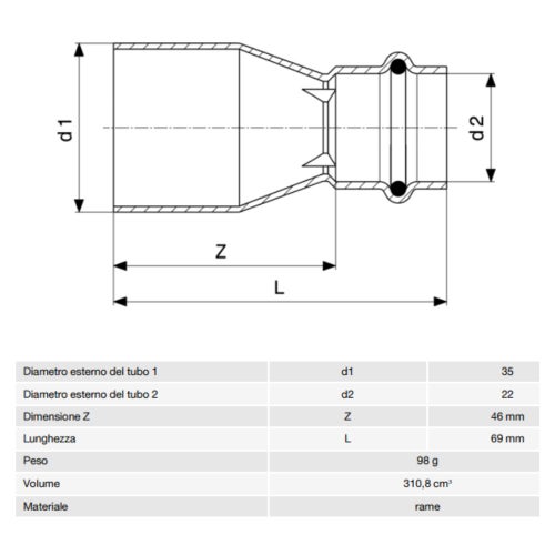 Immagine di Viega PROFIPRESS G manicotto di riduzione di Ø 35 x 22, in rame lucido con sc-contur (gas) 346614