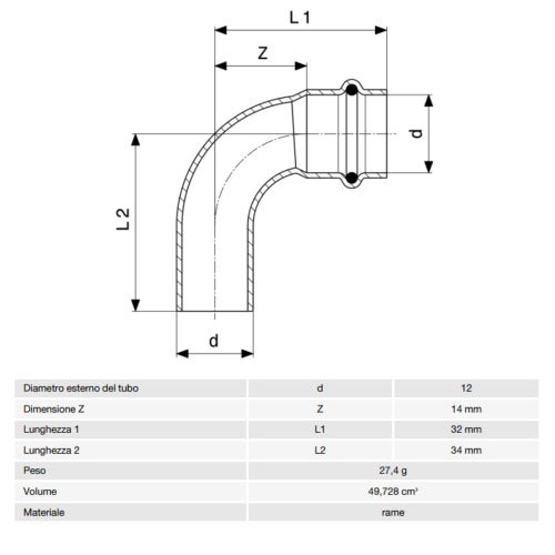 Immagine di Viega PROFIPRESS curva a 90° Ø 12 rame lucido con sc-contur (acqua) 291648