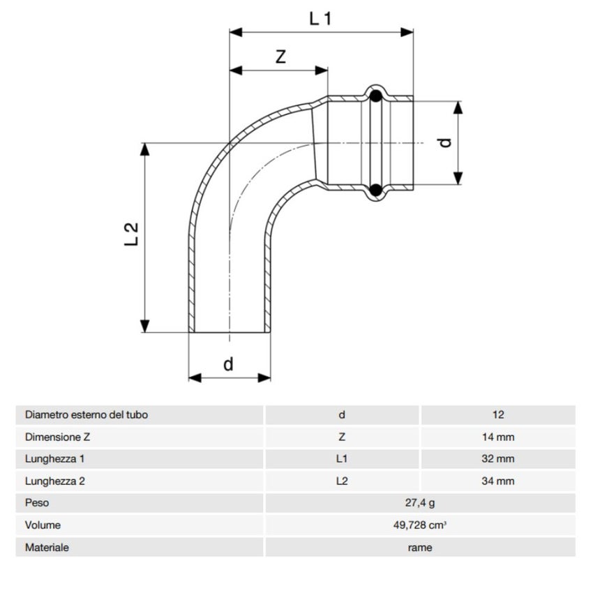 Immagine di Viega PROFIPRESS curva a 90° Ø 12 rame lucido con sc-contur (acqua) 291648