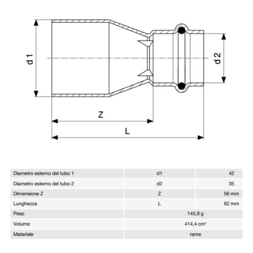 Immagine di Viega PROFIPRESS G manicotto di riduzione di Ø 42 x 35, in rame lucido con sc-contur (gas) 346652
