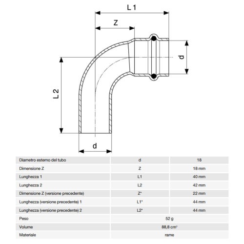 Immagine di Viega PROFIPRESS curva a 90° Ø 18 rame lucido con sc-contur (acqua) 291655