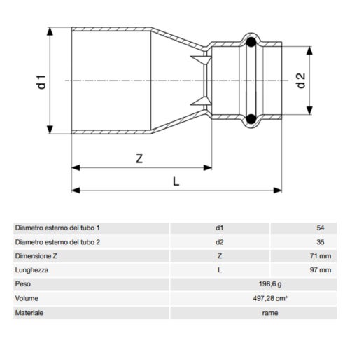Immagine di Viega PROFIPRESS G manicotto di riduzione di Ø 54 x 35, in rame lucido con sc-contur (gas) 346669