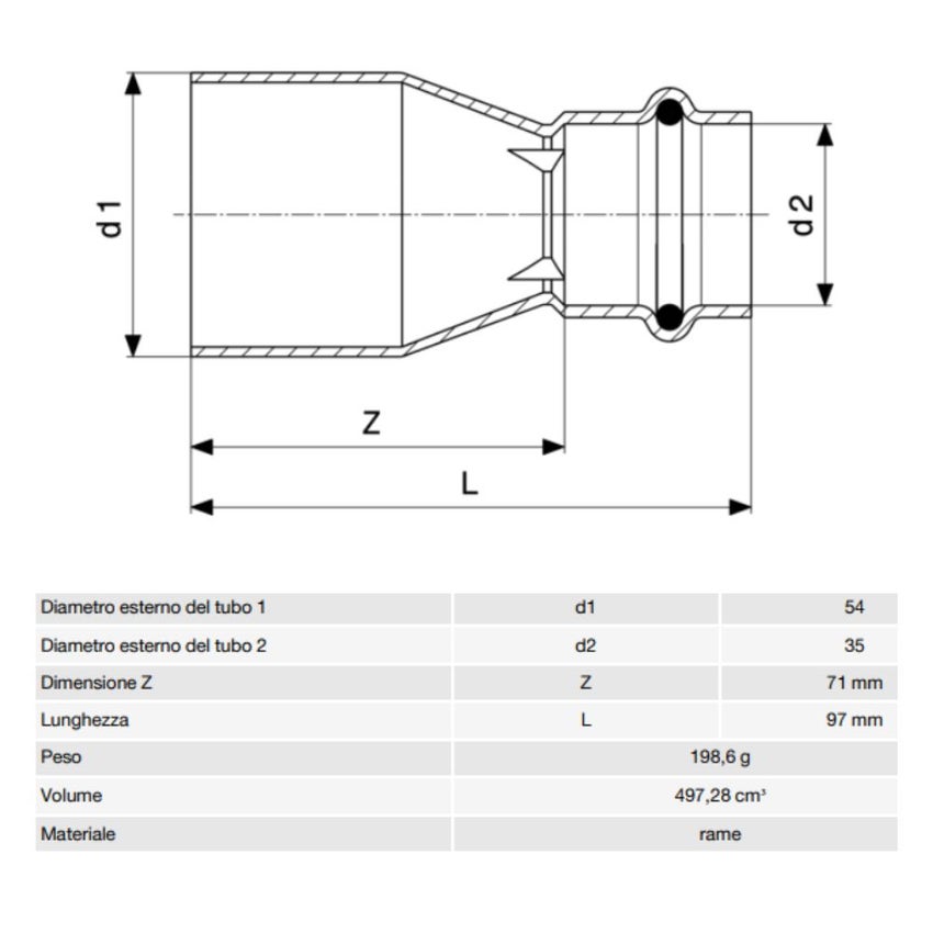 Immagine di Viega PROFIPRESS G manicotto di riduzione di Ø 54 x 35, in rame lucido con sc-contur (gas) 346669