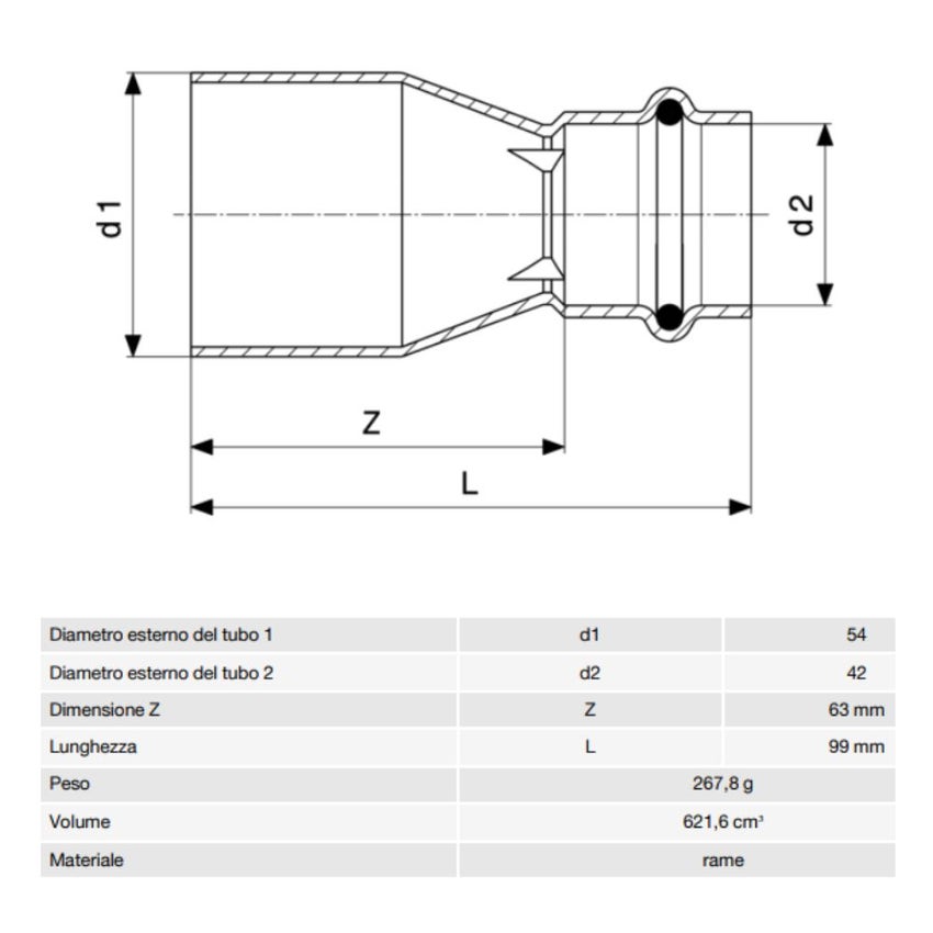 Immagine di Viega PROFIPRESS G manicotto di riduzione di Ø 54 x 42, in rame lucido con sc-contur (gas) 346676