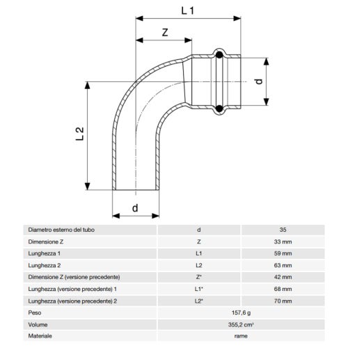 Immagine di Viega PROFIPRESS curva a 90° Ø 35 rame lucido con sc-contur (acqua) 291693