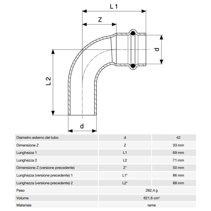 Immagine di Viega PROFIPRESS curva a 90° Ø 42 rame lucido con sc-contur (acqua) 291709