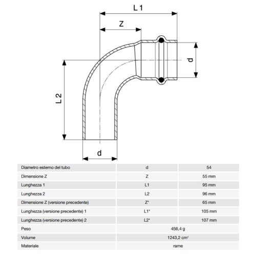 Immagine di Viega PROFIPRESS curva a 90° Ø 54 rame lucido con sc-contur (acqua) 291716