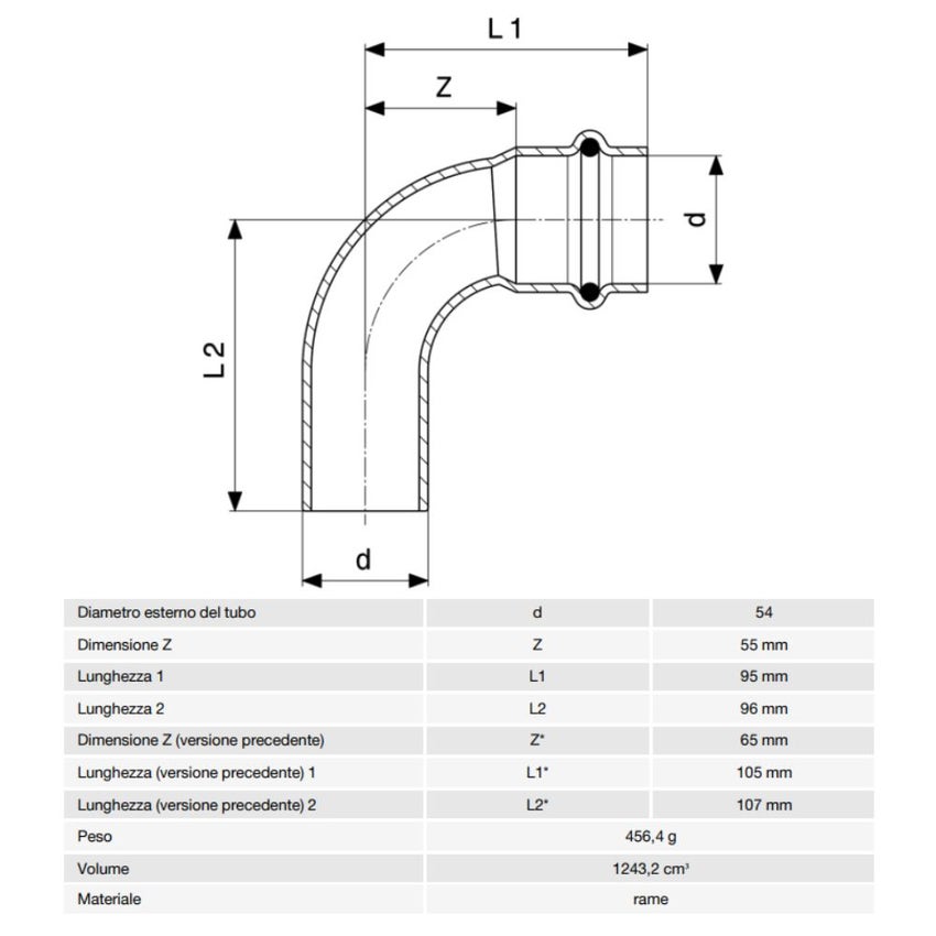 Immagine di Viega PROFIPRESS curva a 90° Ø 54 rame lucido con sc-contur (acqua) 291716