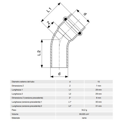 Immagine di Viega PROFIPRESS curva a 45° Ø 15, con filetto maschio, rame lucido con sc-contur (acqua) 292508