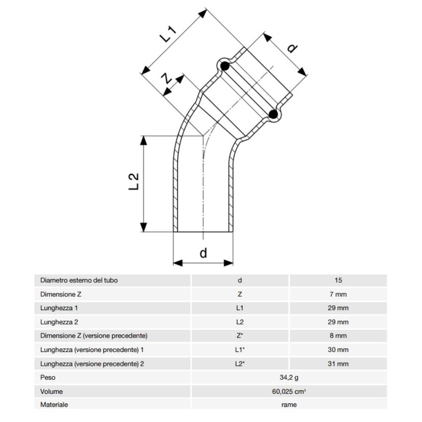 Immagine di Viega PROFIPRESS curva a 45° Ø 15, con filetto maschio, rame lucido con sc-contur (acqua) 292508