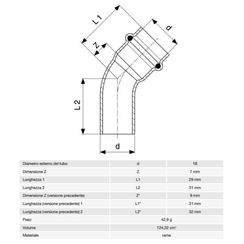 Immagine di Viega PROFIPRESS curva a 45° Ø 18, con filetto maschio, rame lucido con sc-contur (acqua) 292560