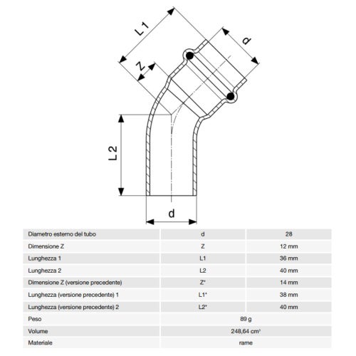 Immagine di Viega PROFIPRESS curva a 45° Ø 28, con filetto maschio, rame lucido con sc-contur (acqua) 292522