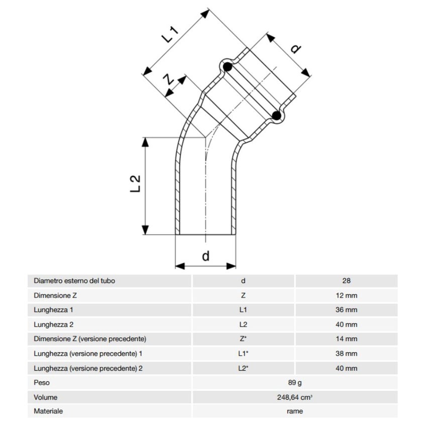 Immagine di Viega PROFIPRESS curva a 45° Ø 28, con filetto maschio, rame lucido con sc-contur (acqua) 292522