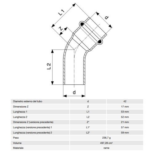 Immagine di Viega PROFIPRESS curva a 45° Ø 42, con filetto maschio, rame lucido con sc-contur (acqua) 292546