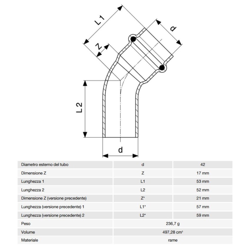 Immagine di Viega PROFIPRESS curva a 45° Ø 42, con filetto maschio, rame lucido con sc-contur (acqua) 292546