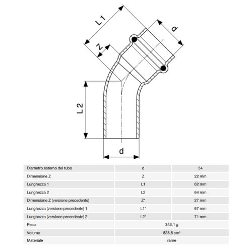 Immagine di Viega PROFIPRESS curva a 45° Ø 54, con filetto maschio, rame lucido con sc-contur (acqua) 292553