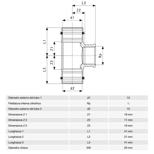 Immagine di Viega SANPRESS raccordo a T Ø 15 x 1/2" bronzo al silicio con sc-contur (acqua) 115630
